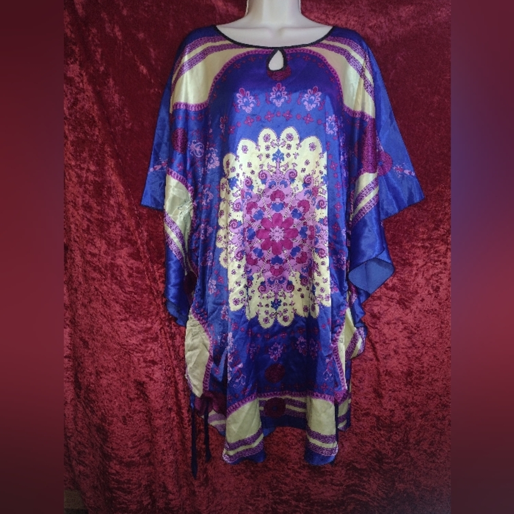 Boho Mandala Print Kaftan Tunic - Adjustable Side Ties - Lightweight Relaxed Fit